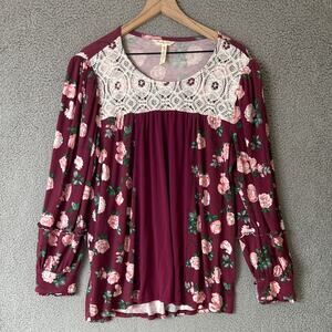 MATILDA JANE Floral Top Womens Oversized Small Red Cottagecore Boho Lace Ruffle